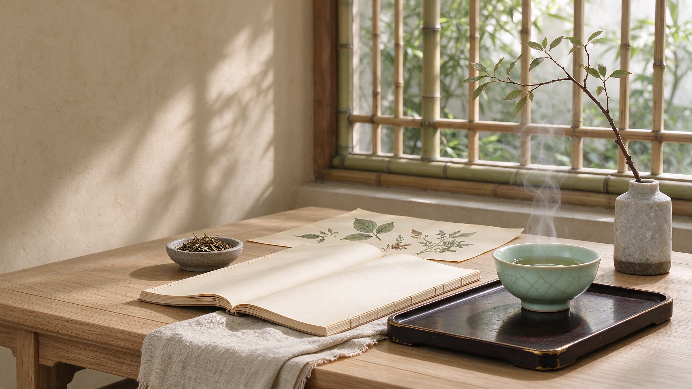 茶、书、本草与植物图谱的东方生活静物，AI 概念场景